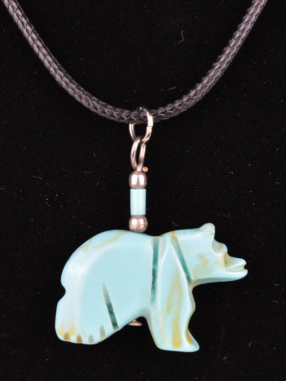 Vintage Zuni Style Carved Stabilized Turquoise Bear Fetish Pendant Necklace 1"